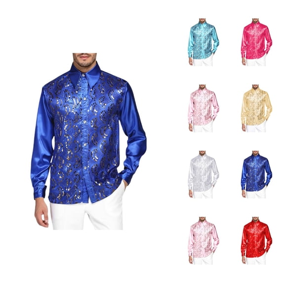 Shiny Metallic Sequin Shirt for Men Long Sleeve Button Down Collared Dress Shirt Disco Party Wedding Formal Suit