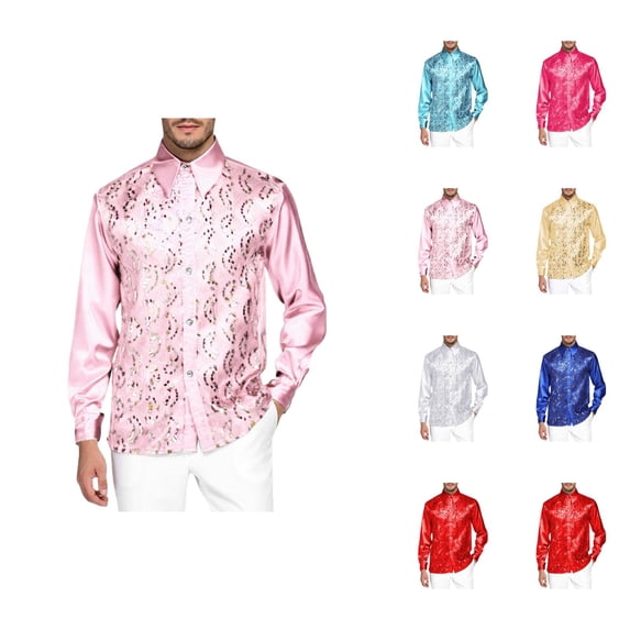 Shiny Metallic Sequin Shirt for Men Long Sleeve Button Down Collared Dress Shirt Disco Party Wedding Formal Suit