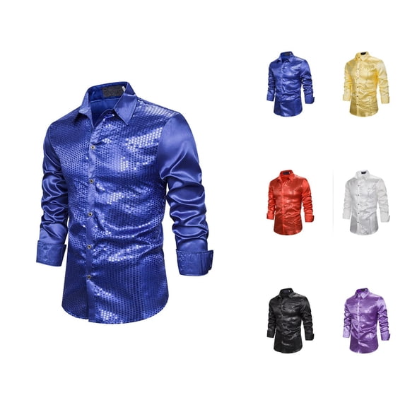 Shiny Metallic Sequin Shirt for Men Long Sleeve Button Down Collared Sparkly Dress Shirt 70s Disco Party Clubwear