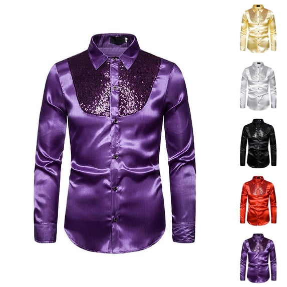 Shiny Metallic Sequin Shirt for Men Long Sleeve Button Down Collared Sparkly Shirt 70s Disco Party Nightclub Dancewear