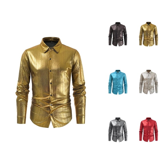 Shiny Metallic Shirt for Men Long Sleeve Button Down Collared Dress Shirt Stage Performance Dancewear Wedding Party