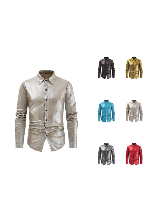 Shiny Metallic Shirt for Men Long Sleeve Button Down Collared Dress Shirt Stage Performance Dancewear Wedding Party