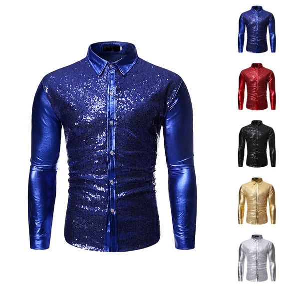Shiny Metallic Shirt for Men Long Sleeve Button Down Collared Sparkly Sequin Shirt for 70s Disco Nightclub Party