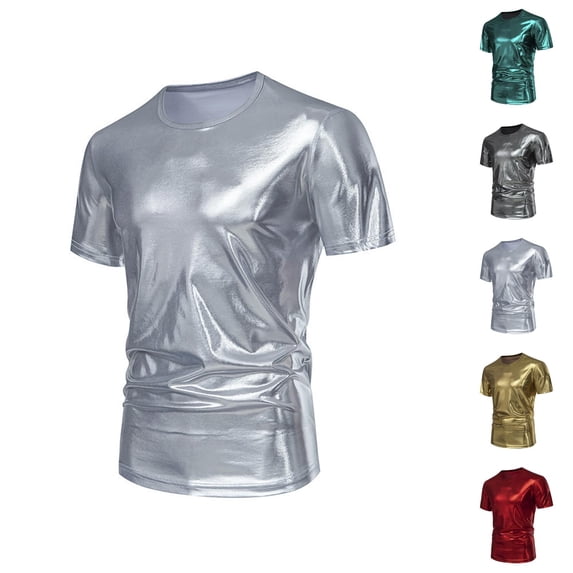 Shiny Metallic Shirt for Men Short Sleeve Crewneck Metallic Wet Look Tshirts 70s Disco Party Clubwear