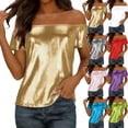 thumbnail image 1 of Shiny Metallic Tops for Women Off Shoulder Party Going Out Outfits Short Sleeve Glitter Summer Blouse T-shirts (2XL, Gold), 1 of 7