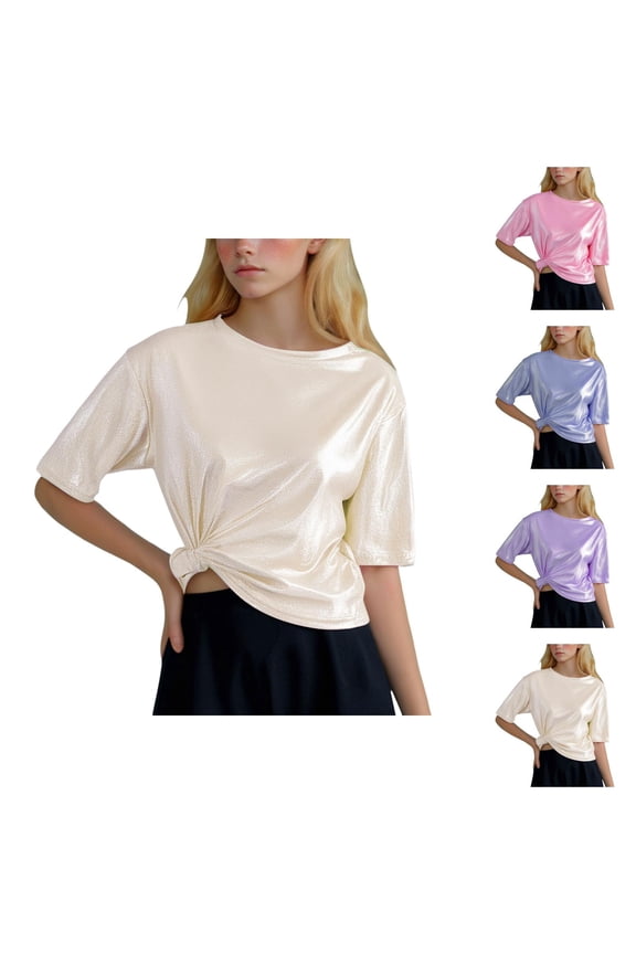 Shiny Metallic Wet Look Tops for Women Summer Casual Short Sleeve Crewneck Pu Leather Sparkly T Shirts Disco Clubwear