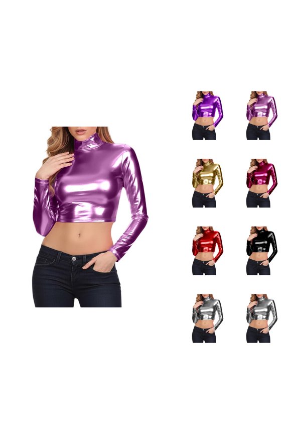 Shiny Metallic Wet Look Tops for Women Y2k Long Sleeve Pu Leather Turtleneck Slim Fit Cropped Top Disco Party Clubwear