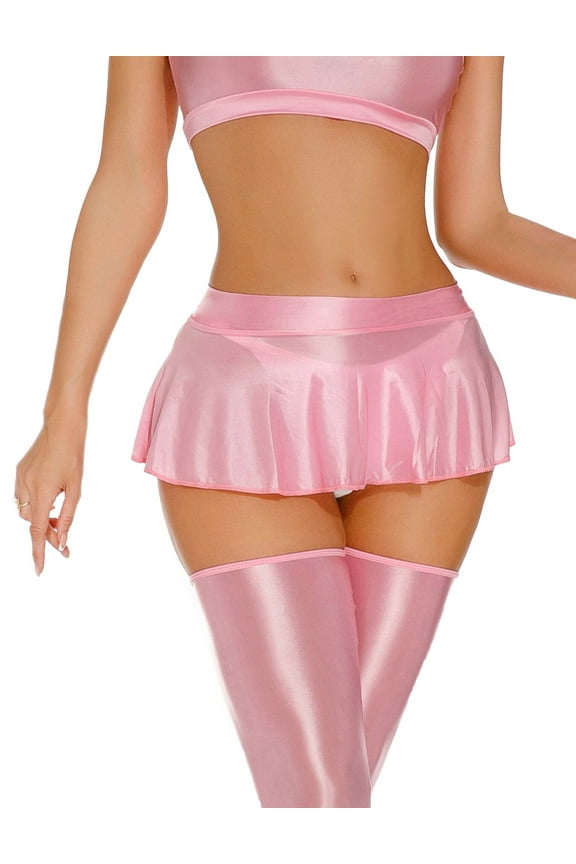 Shiny Mini Skirt for Women Oil Glossy Bright Short Skirts Rave Party Club Miniskirts Metallic Opaque Lingerie Skater Nightwear Beachwear