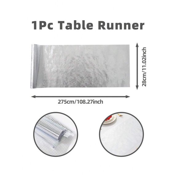 Shiny Mirror Grid Table Runner, Silver Foil Sequin, 28x275cm