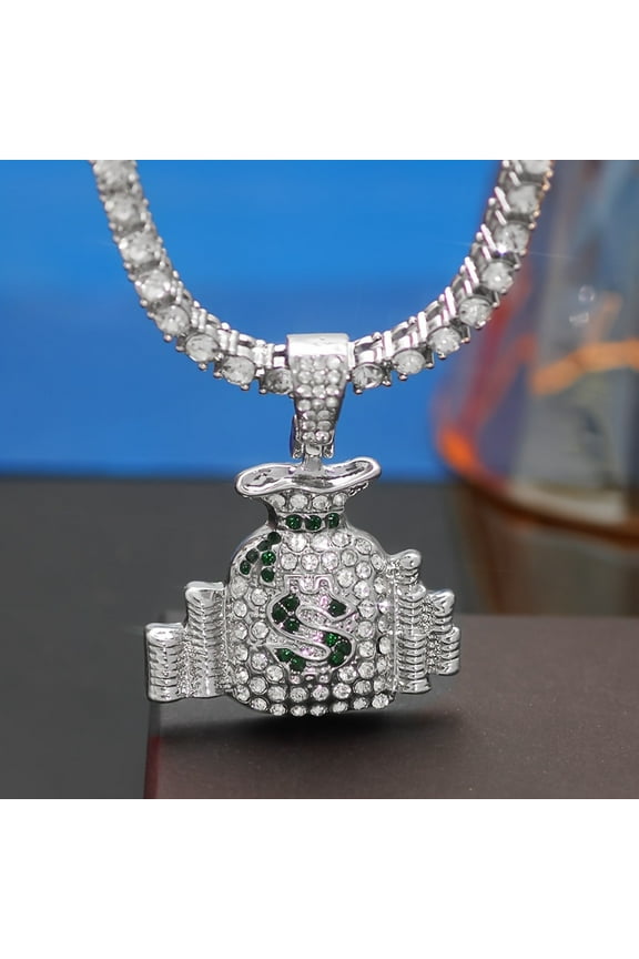 Shiny Money Bag Pendant With Cuban Link Miami Necklace, Unisex Hip-hop Pendant Necklace Jewelry Gift