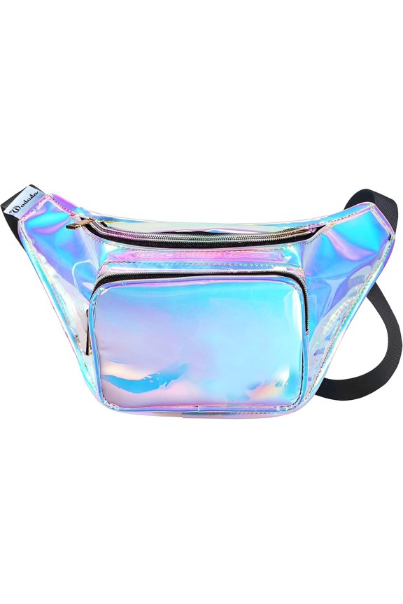 Shiny Neon Fanny Bag for Women Rave Festival Hologram Bum Travel Pack, Blue+ Holographic