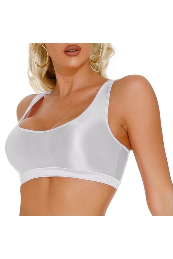 Shiny Oil Glossy Tank Tops for Women Seamless Training Gym Sports Bra Tops Metallic Compression Racerback Crop Tops Smooth Basic Rave Club Bustier Bra