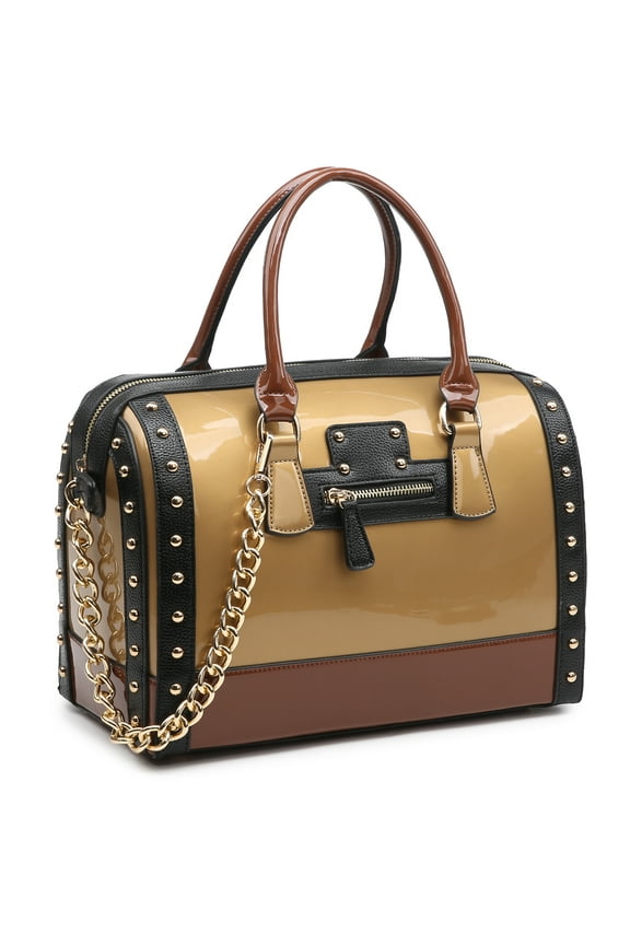 Shiny Patent Faux Leather Handbags Barrel Top Handle Satchel Bag Shoulder Bag for Women