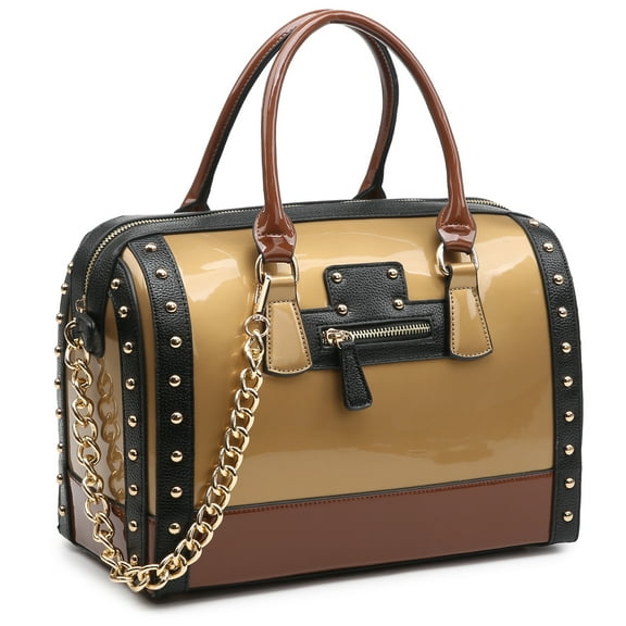 Shiny Patent Faux Leather Handbags Barrel Top Handle Satchel Bag Shoulder Bag for Women