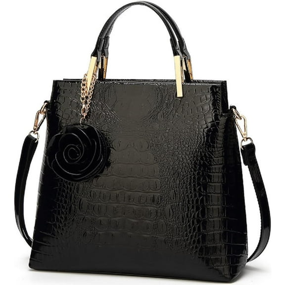 Shiny Patent Leather Women Handbag Crocodile Pattern Shoulder Bag Flower Pendant Top Handle Tote Satchel Purse
