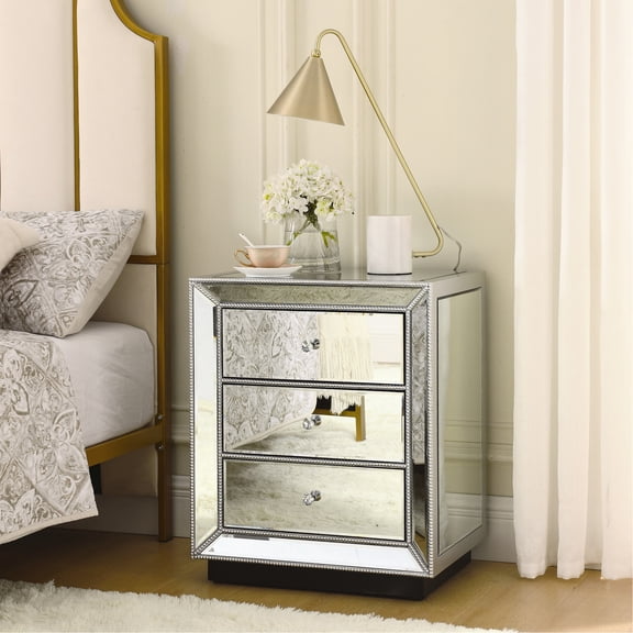 Shiny Pearl - Silver 3 - Drawer Mirrored Chest / Bedroom Storage for Books & Cables