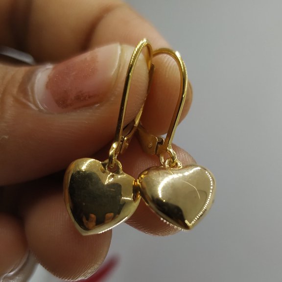 Shiny Puffed Heart Dangle Drop Earrings, 14K Yellow Gold Plated Sterling Silver, Leverback Closure Mother's Day Gifts