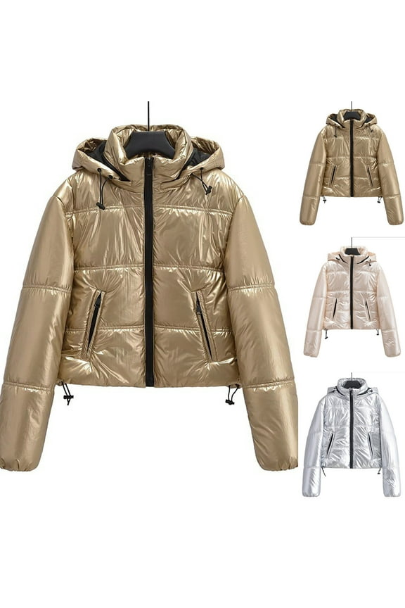Shiny Puffer Jacket Women Cropped Zip Up Stand Collar Drawstring Long Sleeve Hooded Down Coat Zipper Pockets Solid Casual Fashion Outerwear Warm Winter Quilted Jackets 2025