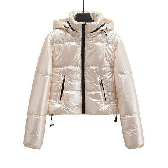 Shiny Puffer Jacket Women Cropped Zip Up Stand Collar Drawstring Long Sleeve Hooded Down Coat Zipper Pockets Solid Casual Fashion Outerwear Warm Winter Quilted Jackets 2025