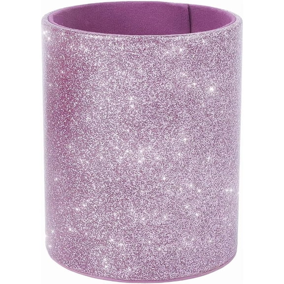 Shiny Purple PU Leather Pencil Cup Multifunctional Pens Glitter Bling Holder Round Leather Stationery Container Luxury Makeup Brush Stroage Box Case Desktop Organizer for Desk Office