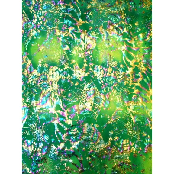 Shiny Rainbow Foil Abstract Pattern on Bright Crease Stretch Nylon Spandex Fabric by The Yard (Lime Green)