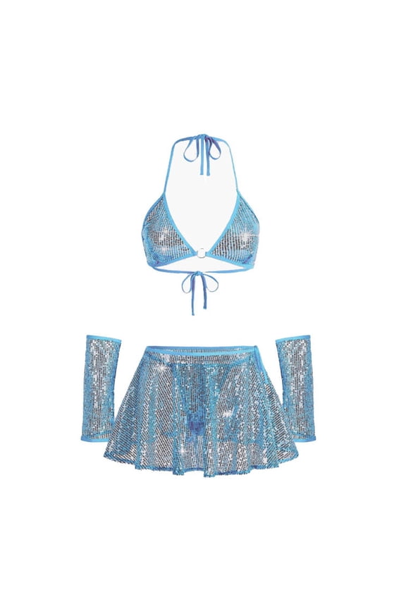 Women's Shiny Rave Outfits Bra Top Mini Skirt Glitter Sequin Music Festival Party Clubwear