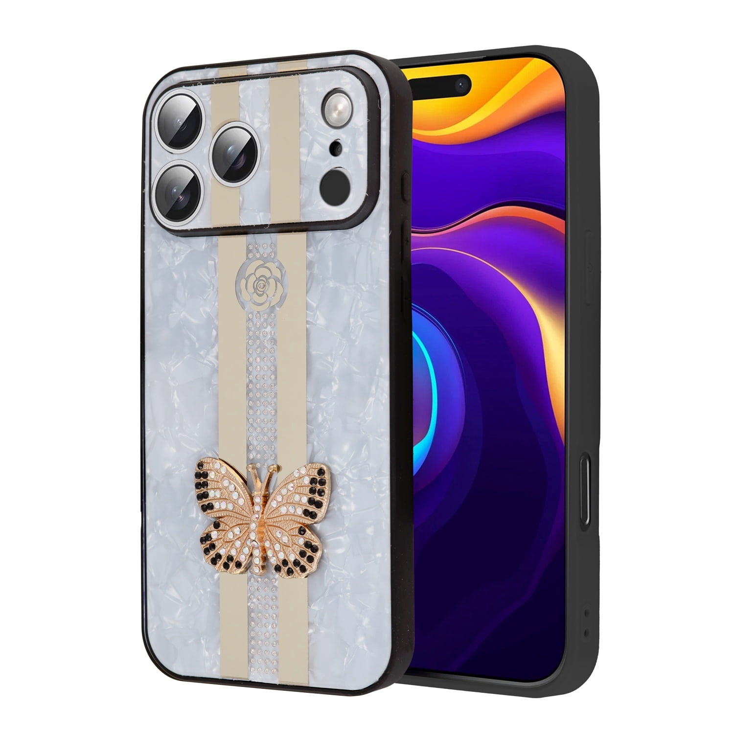 Shiny Rhinestone Butterfly Cover for iPhone 17 Pro Max - White