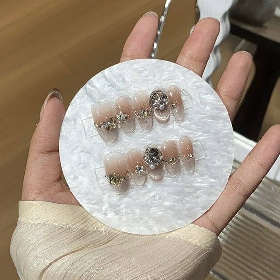 Shiny Rhinestone Handmade Press on Nails for Women Shiny Prom Wedding Party Medium Oval Beige Fake Nails