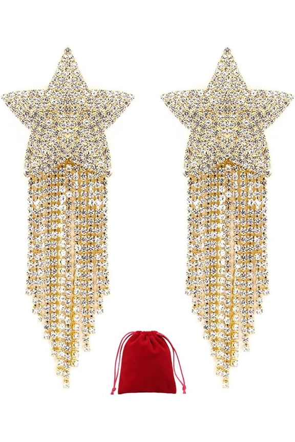 Shiny Rhinestone Nipple Cover Reusable Sparkly Star Pasties Breast Petal Sticker with Crystal Tassel