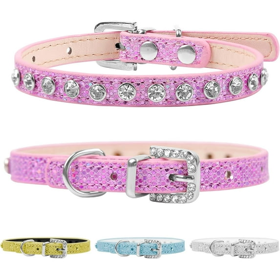 Shiny Rhinestone Pet Collar - Adjustable PU Leather Dog & Cat Collar with Bling, Sparkling Fashion Accessory for Small Dogs