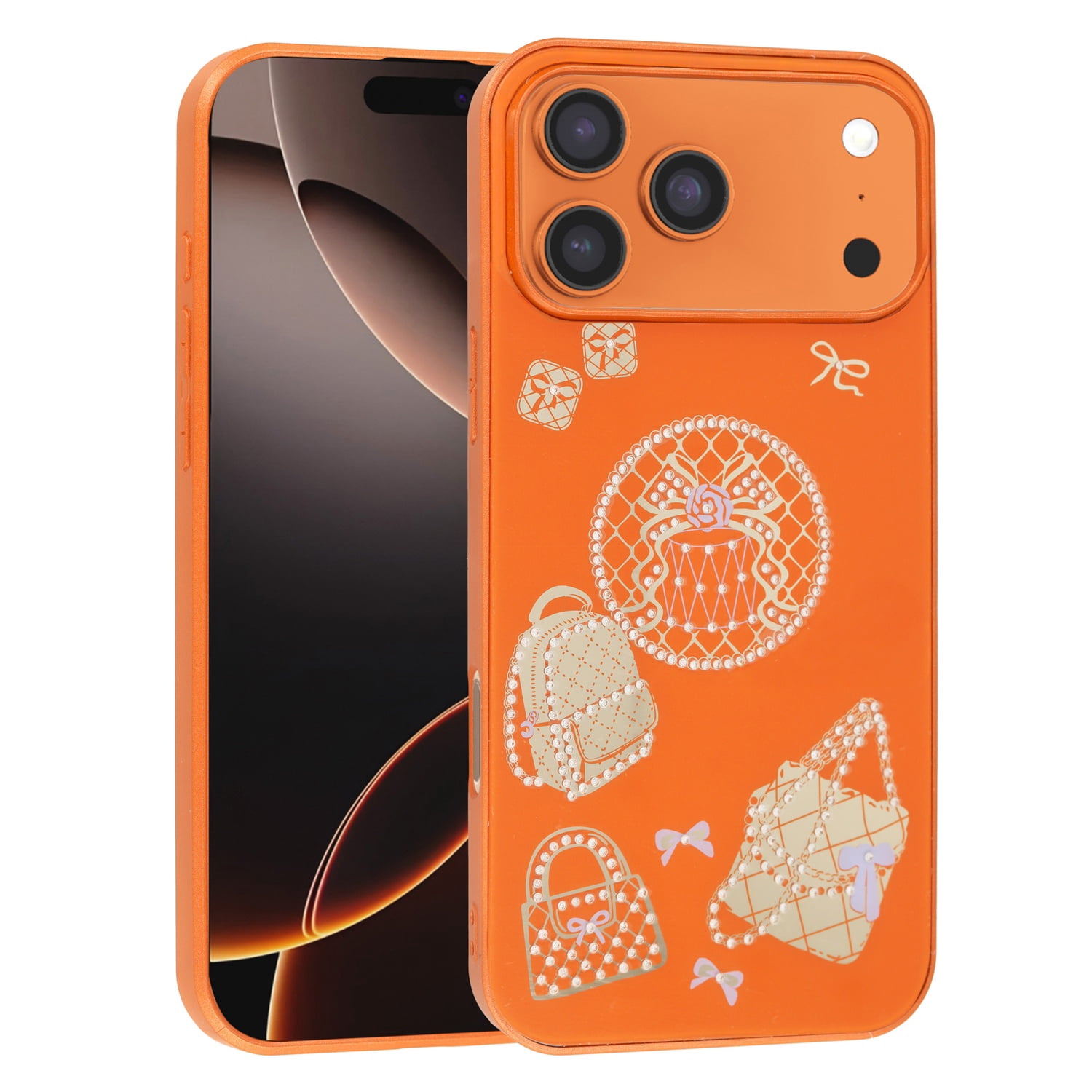 Shiny Rhinestone Phone Case with Designer Bag Style for iPhone 17 Pro Max - Orange