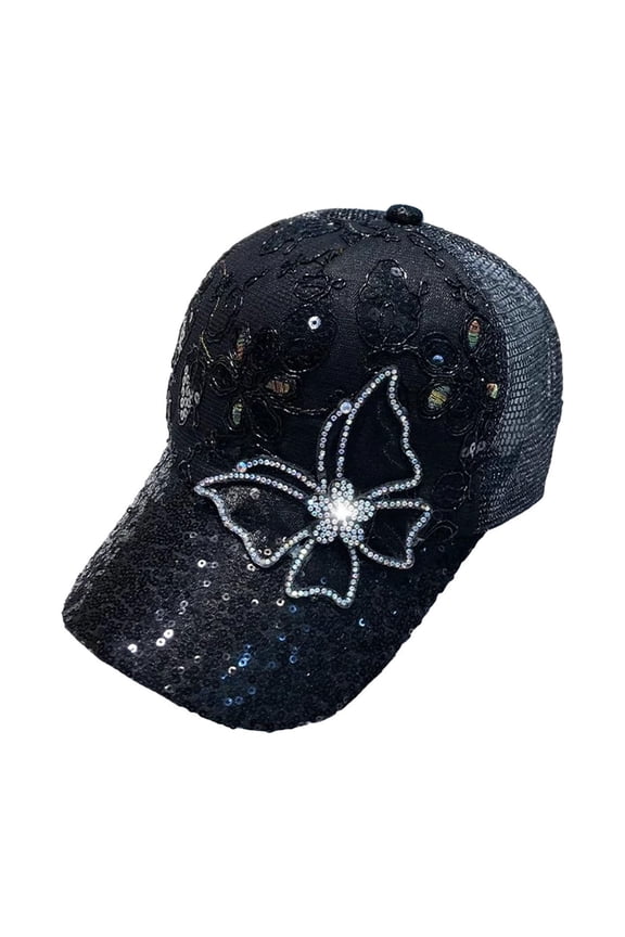 Shiny Rhinestones Baseball Caps for Women Exquisite Lace Sequin Visor Hats Cute Butterfly Outdoor Travel Sport Trucker Hats, Black