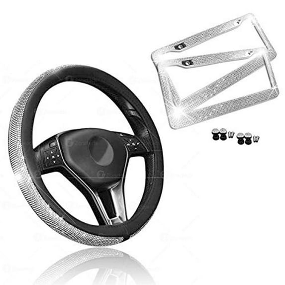 Shiny Rhinestones Steering Wheel Decor Cover and Bling License Plate Frame Decor Set, Universal Fits 15in Car