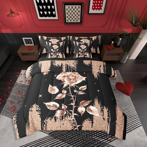 Shiny Rose 7 Pcs Comforter Set Women,Orange Pink Rose Bed in a Bag Full,Black Yellow Glitter Bedding Set with Flat Fitted Sheet Pillowcase and Sham