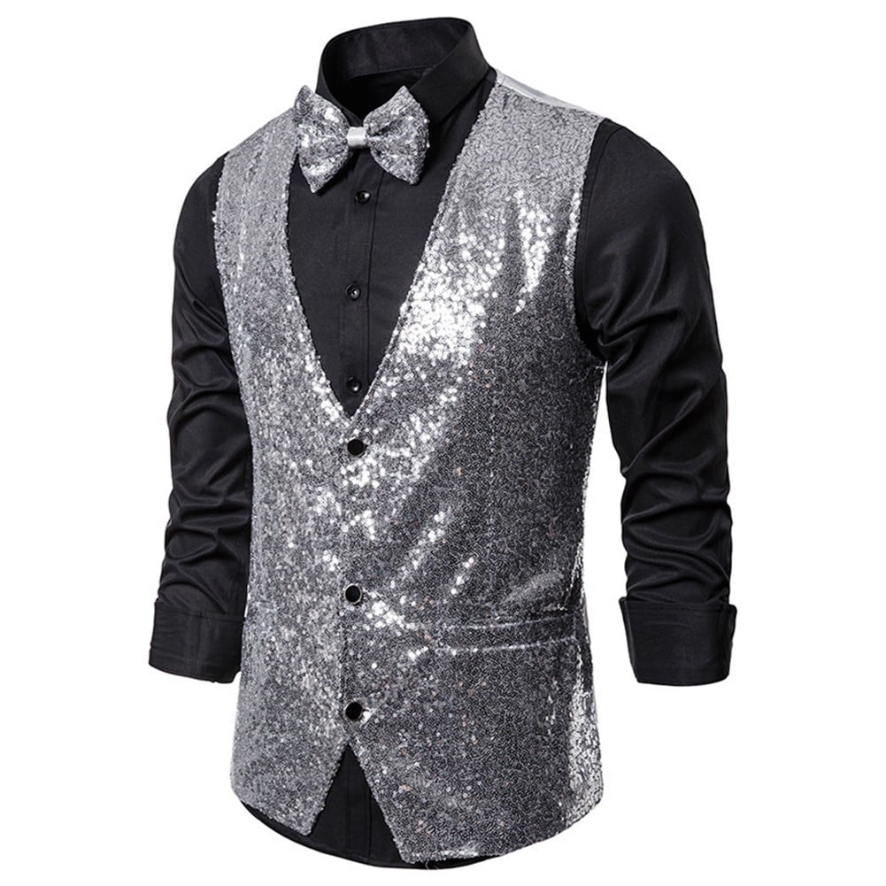 Shiny Royal Blue Sequin Dress Vests Men Slim Fit V Neck Glitter Tuxedo