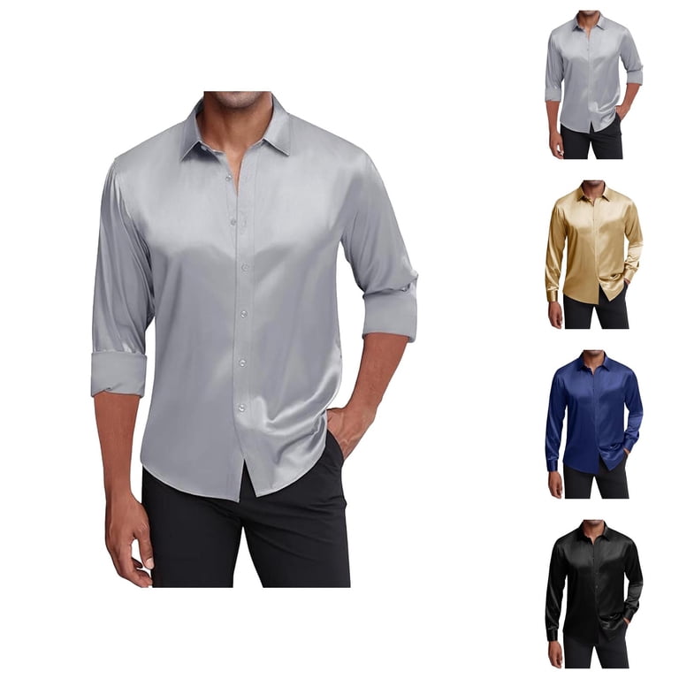 Shiny Satin Shirts for Men Long Sleeve Button Down Collared Business Casual Dress Shirt Formal Work Shirts