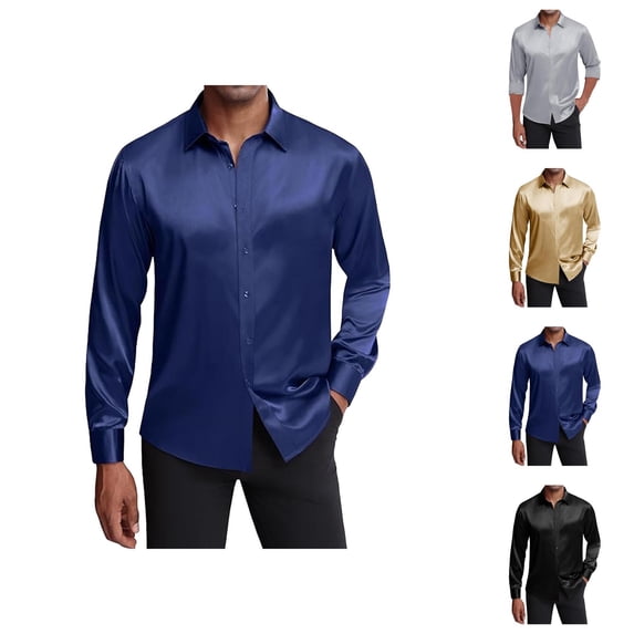Shiny Satin Shirts for Men Long Sleeve Button Down Collared Business Casual Dress Shirt Formal Work Shirts