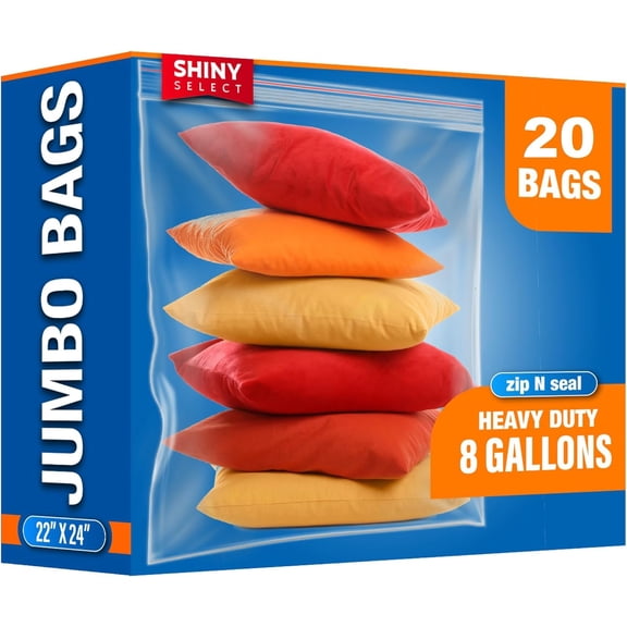 Shiny Select 8-Gallon Extra Large Zipper Storage Bags, 22 x24 , 20 Count Resealable Plastic Zip Bag, 2 Mil Thick for Organizing Linen, Pillows, Blanket, Bedding, Tools, Curtains, Big Toys, Moving