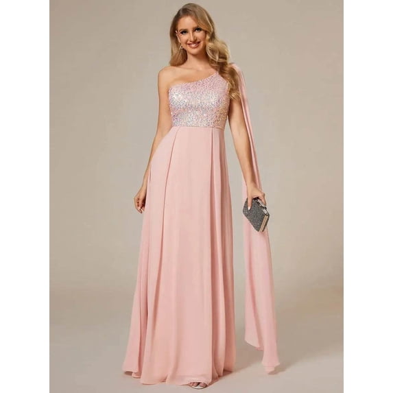 Shiny Sequin Chiffon One Shoulder Sleeveless Dresses - Rosa Apparel