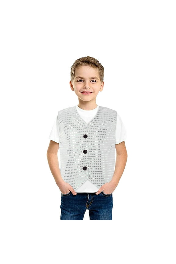 Shiny Sequin Vest For Boys Girls V-Neck Party Sleeveless Suit Waistcoat Sequins Jacket Shirt Waistcoat -Hop Jazz Dance Performance Christmas Valentines Carnival_ 1-12Y #01 Silver,90=12-18M