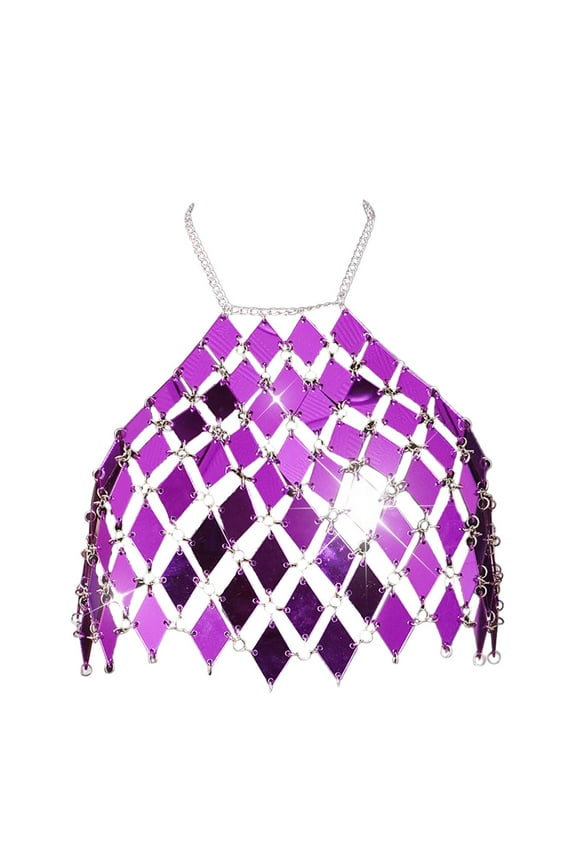 Shiny Sequined Crop Top Bling Dance Wear Rave Nightclub Metal Chain Top