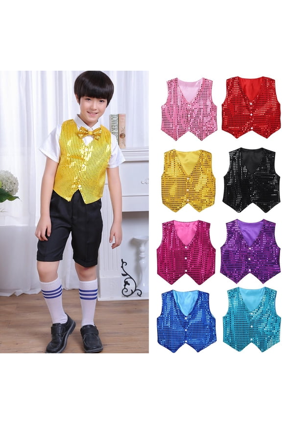 Shiny Sequined Vest for Kids Boys Girls, Dance Hip Hop Performance Party Costume Bling Jacket Waistcoat
