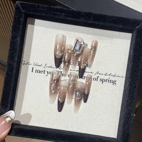 Shiny Sequins Gold-foil Handmade Press on Nails for Women Shiny Cool Extra Long Stiletto Cinnamon Fake Nails