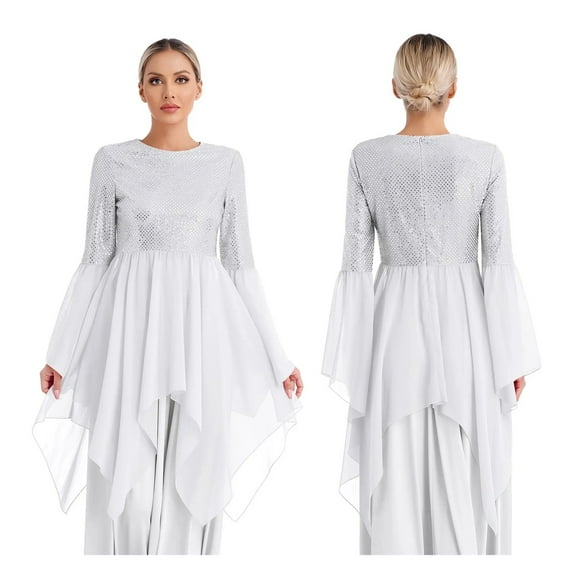 Shiny Sequins Liturgical Lyrical Dance Performance Dress For Womens Patchwork Worship Tunic