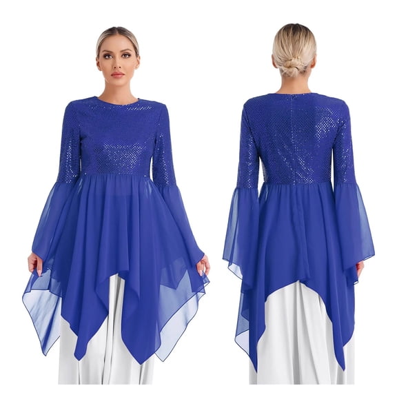 Shiny Sequins Liturgical Lyrical Dance Performance Dress For Womens Patchwork Worship Tunic
