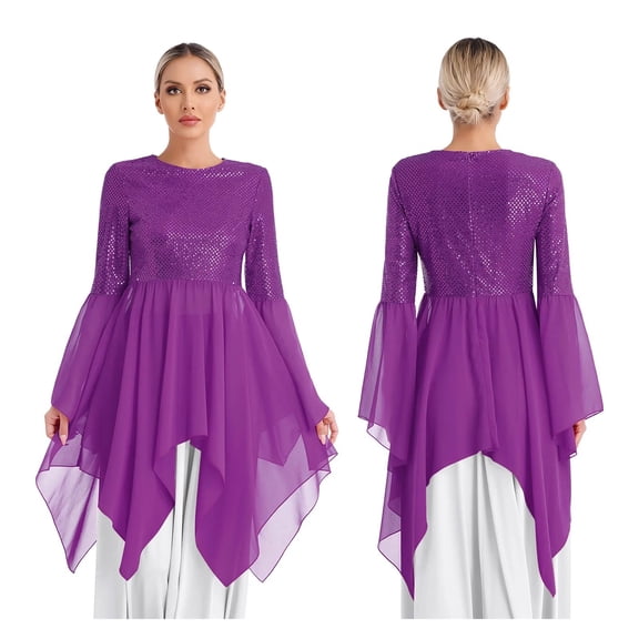 Shiny Sequins Liturgical Lyrical Dance Performance Dress For Womens Patchwork Worship Tunic