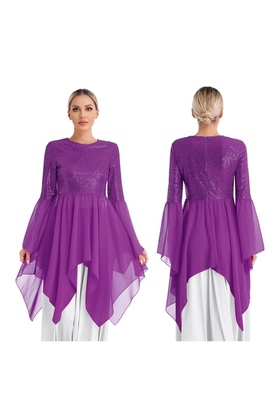 Shiny Sequins Liturgical Lyrical Dance Performance Dress For Womens Patchwork Worship Tunic