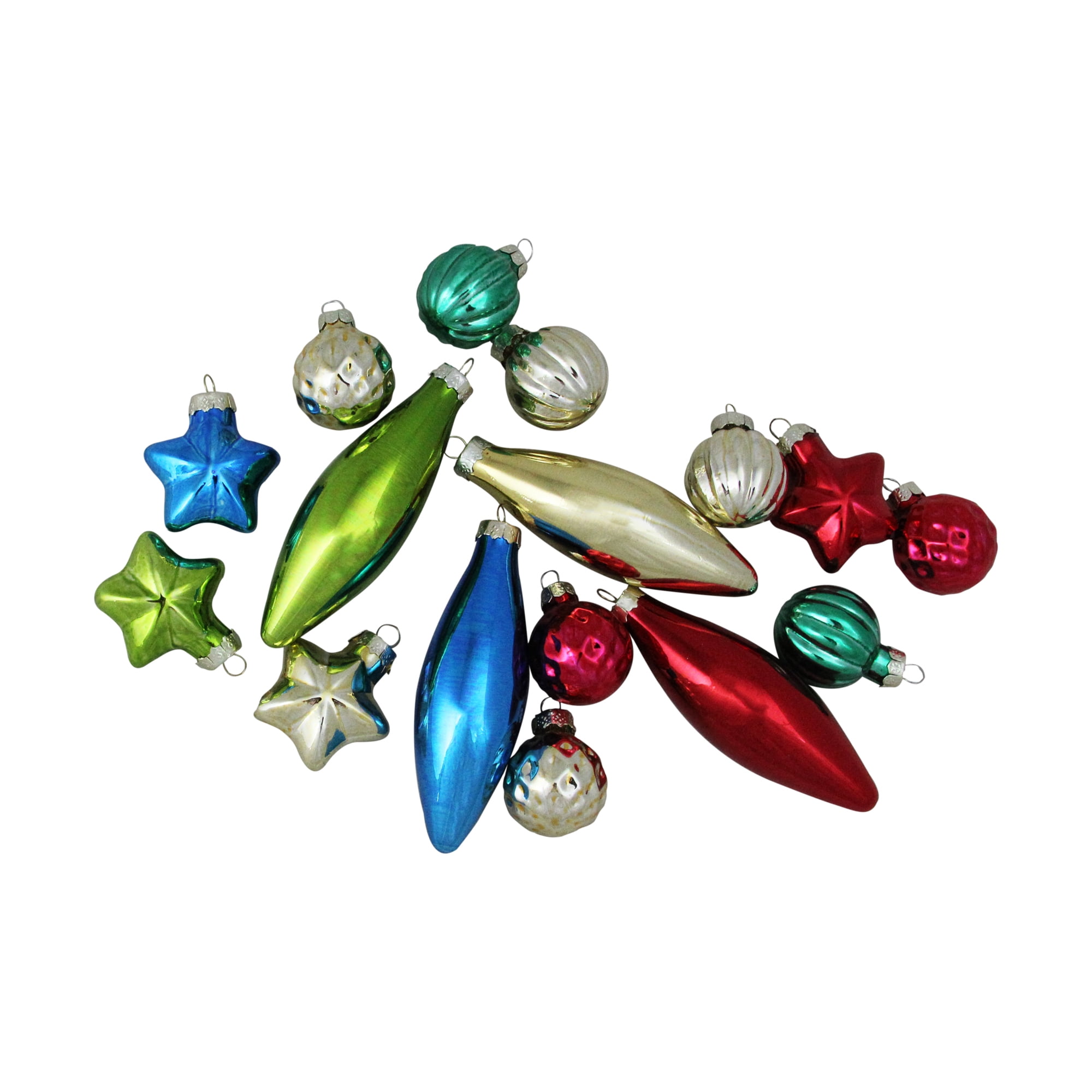 Shiny Shatterproof Finial and Star Christmas Ornaments - 4" (100mm) - Multi - 16ct