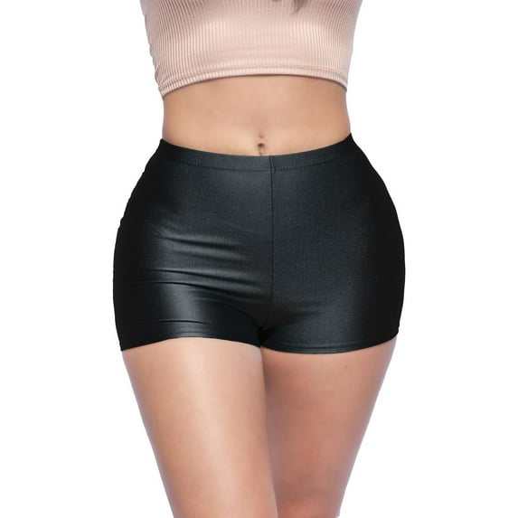 Shiny Shorts High Waist Hotpants Stretch Lightweight Comfy Short Length Neon Dance Shorts Wet Look Disco Party Rave Black 3X