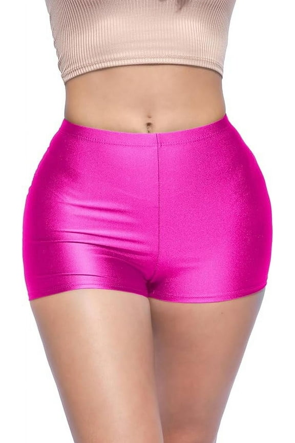 Shiny Shorts High Waist Hotpants Stretch Lightweight Comfy Short Length Neon Dance Shorts Wet Look Disco Party Rave Fuchsia X-Large